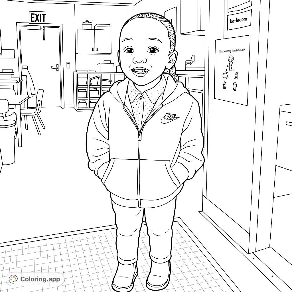 A happy child stands smiling in a detailed classroom, ready for a fun coloring adventure. Perfect for kids and school themes.