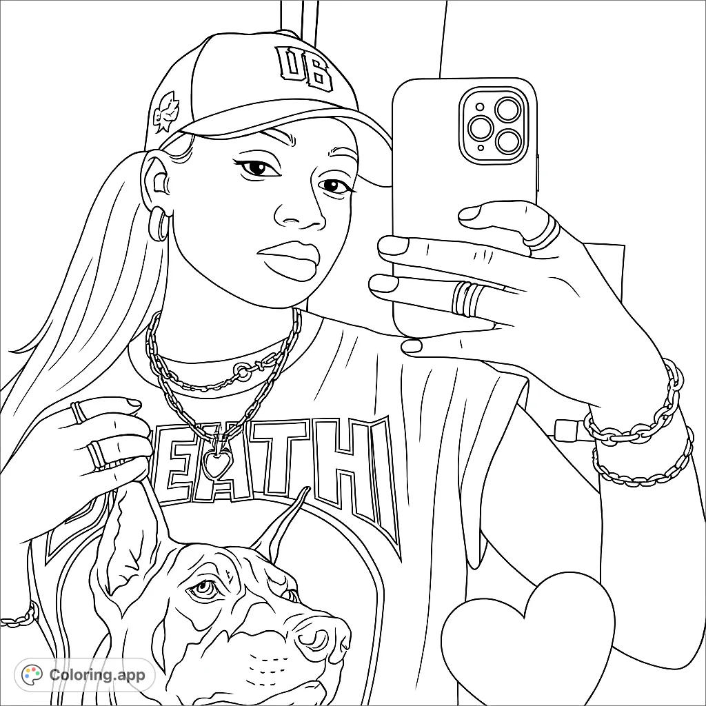 A cool girl takes a selfie with her Doberman, featuring trendy accessories and a bold graphic tee. A free printable modern lifestyle coloring page.