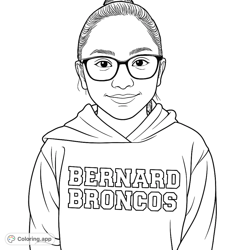 A friendly girl with glasses and a hoodie. A portrait-style coloring page for kids and adults.