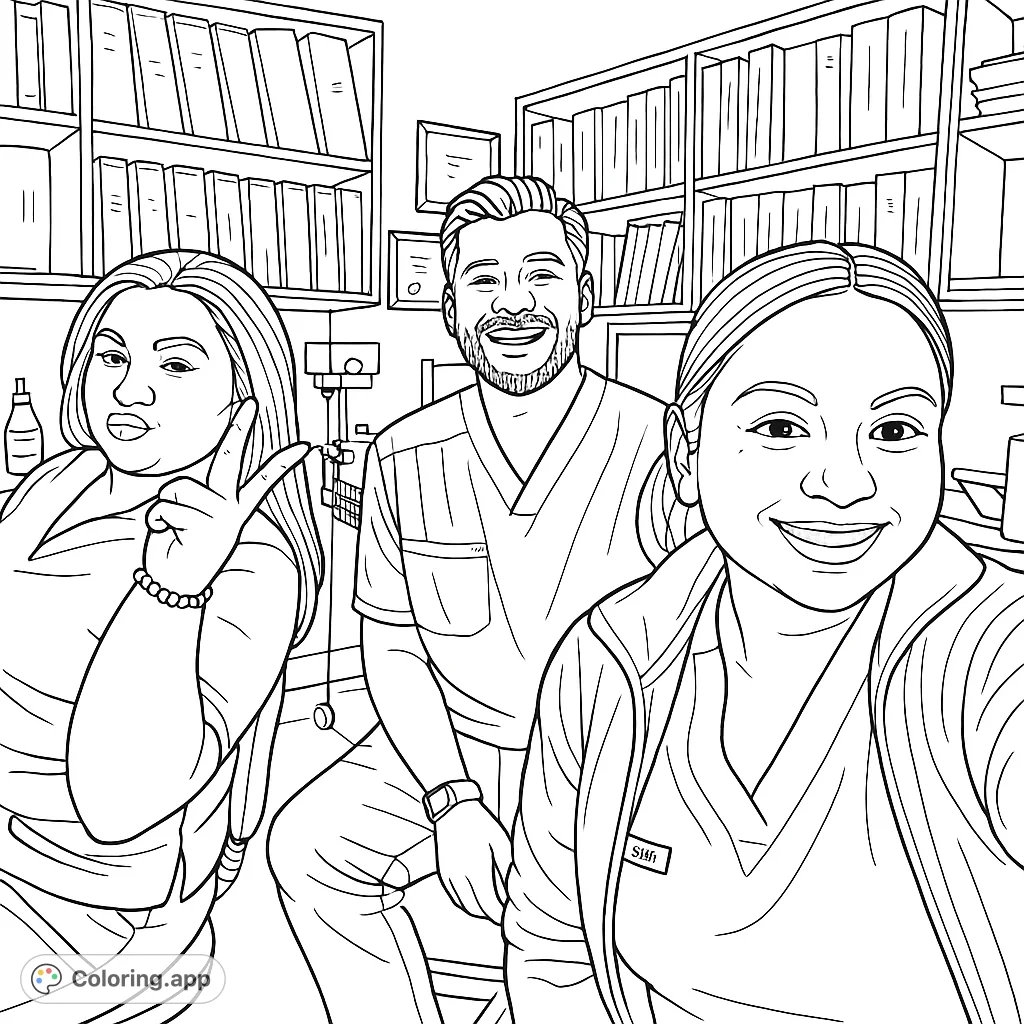 A heartwarming healthcare team selfie coloring page featuring three smiling professionals in scrubs, ready for vibrant colors. Perfect for appreciation!