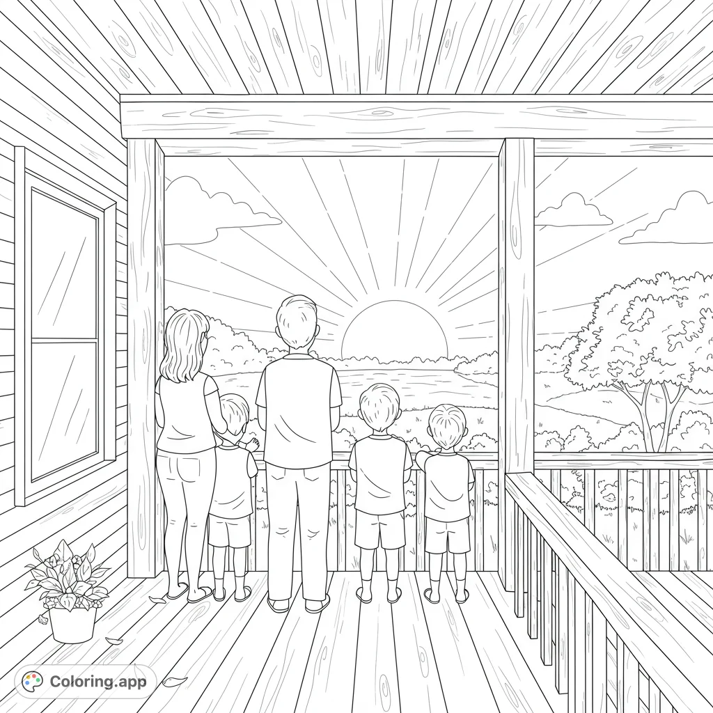 A heartwarming family porch sunrise coloring page. Features a family of five enjoying a scenic view, perfect for free printable coloring page fun.