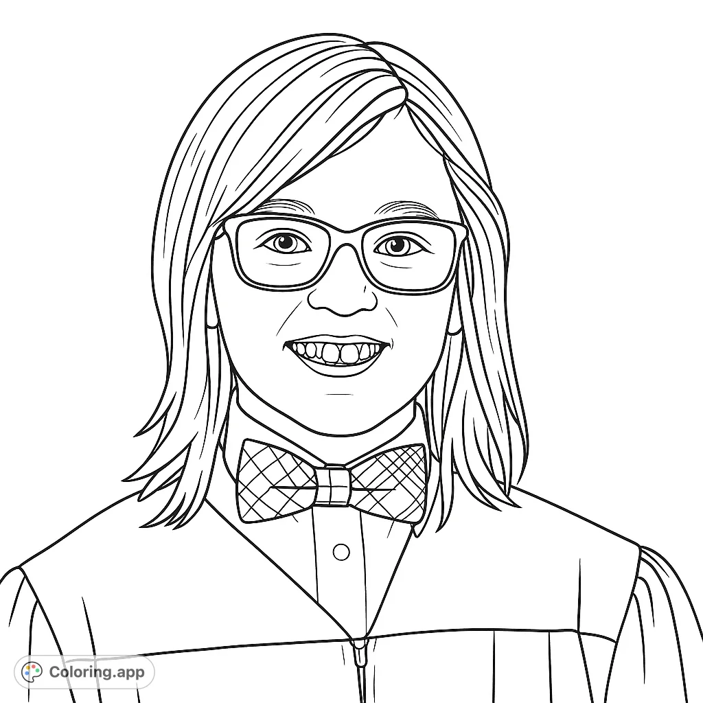 A free printable academic portrait coloring page featuring a smiling person in glasses, a bow tie, and a formal robe. Perfect for kids & adults!