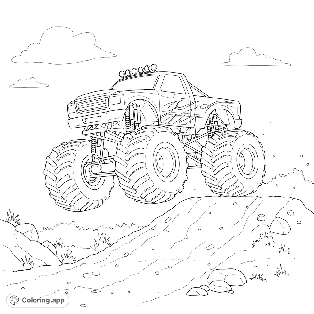 Unleash the power with this monster truck coloring page! A dynamic off-road vehicle leaps over a dirt mound, ready for vibrant colors.