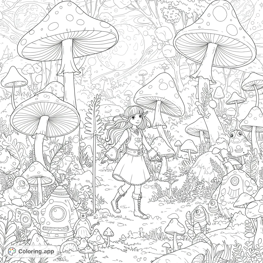 A whimsical elf explores a magical mushroom forest, surrounded by giant fungi and fantastical flora. A free printable fantasy coloring page for kids and adults.