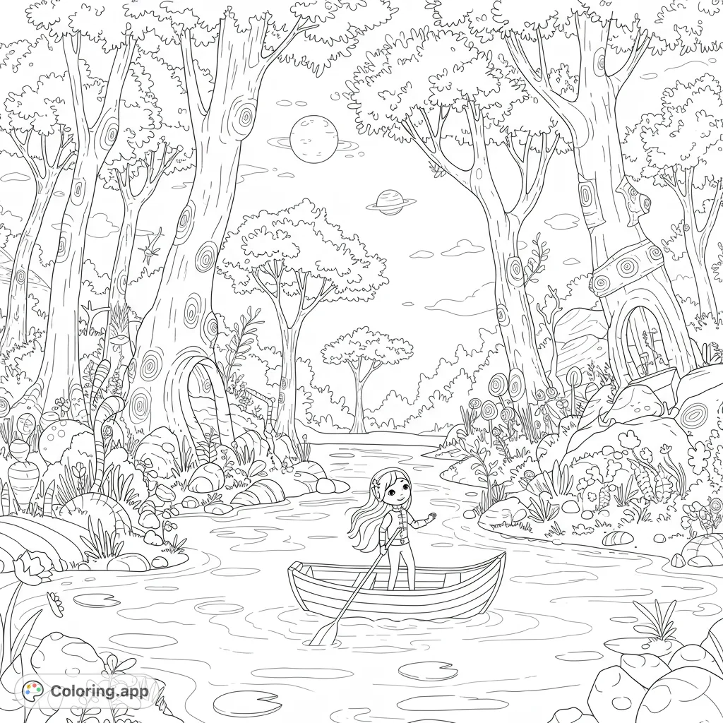 Explore a whimsical fantasy forest coloring page! A girl in a boat navigates a magical river surrounded by enchanted trees and floating planets.