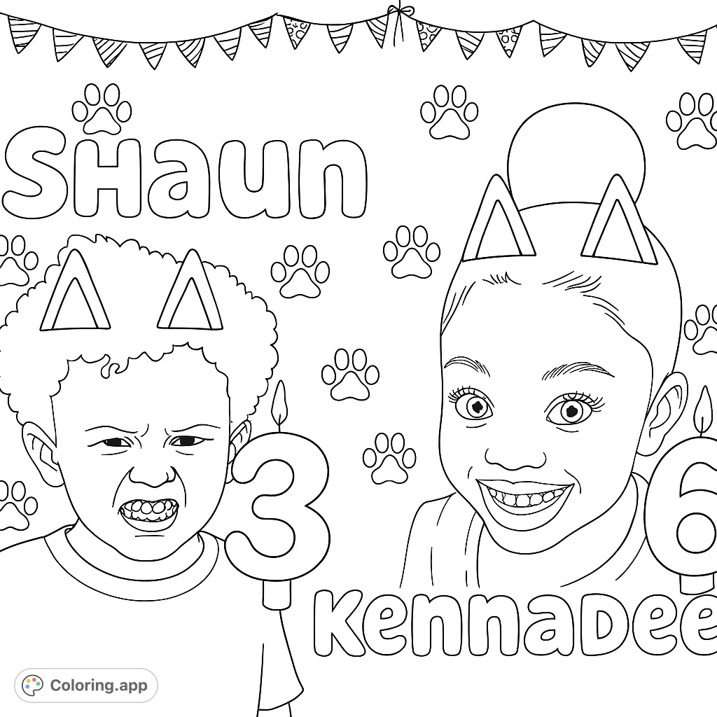 A fun birthday party coloring page featuring two expressive children with animal ears, surrounded by paw prints and festive banners.