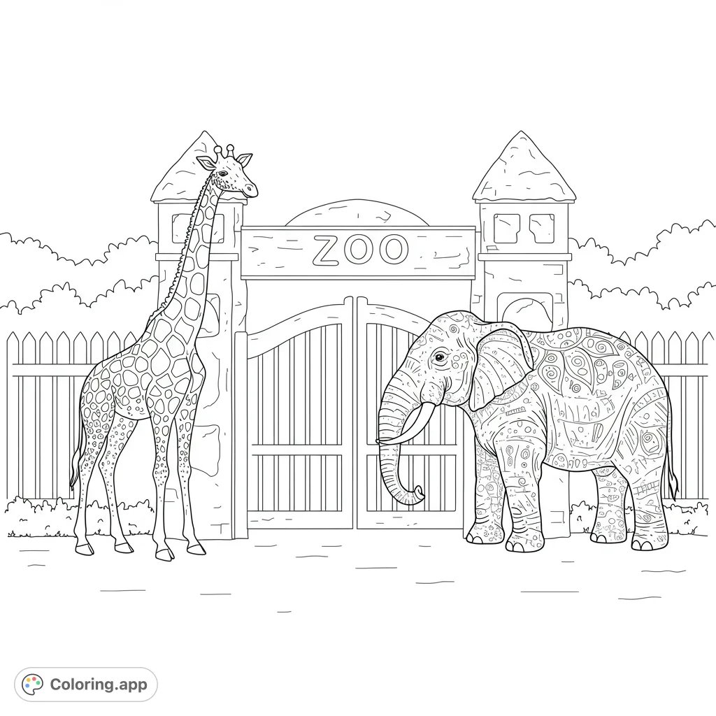 A friendly giraffe and a patterned elephant stand before a grand zoo entrance, ready for a colorful adventure. Perfect for a free printable zoo coloring page.
