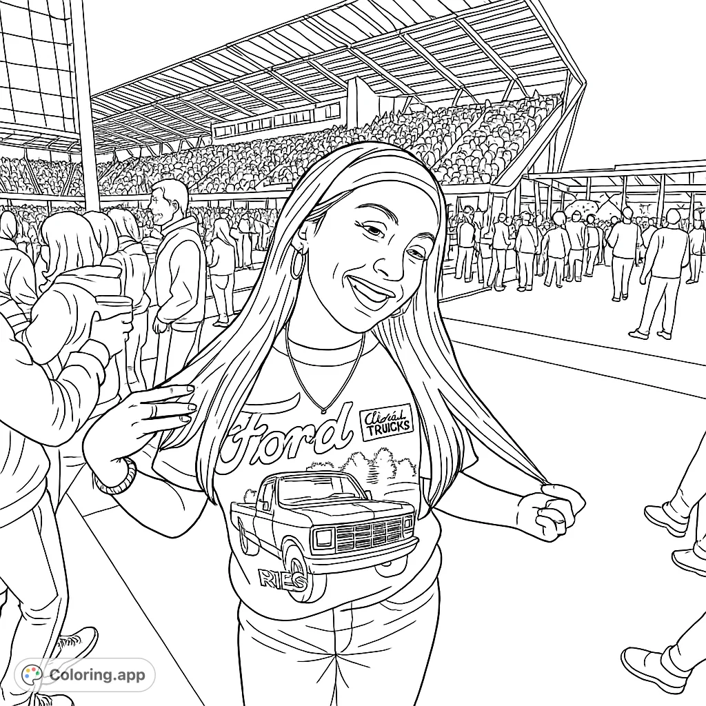 A joyful woman at a bustling stadium, smiling with a vintage truck shirt, surrounded by cheering crowds. Perfect for sports fans.
