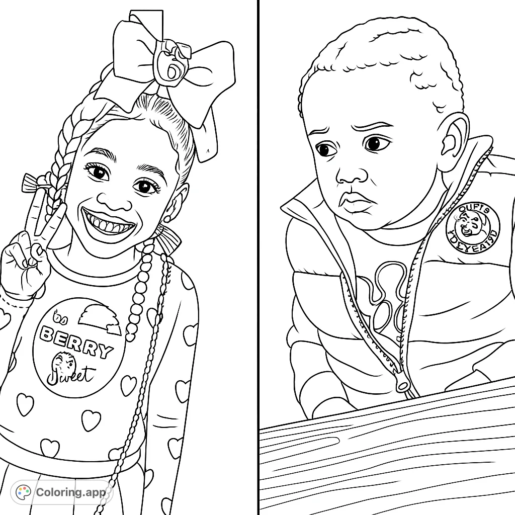 A delightful children's portraits coloring page featuring a joyful girl making a peace sign and a thoughtful baby, perfect for exploring emotions.