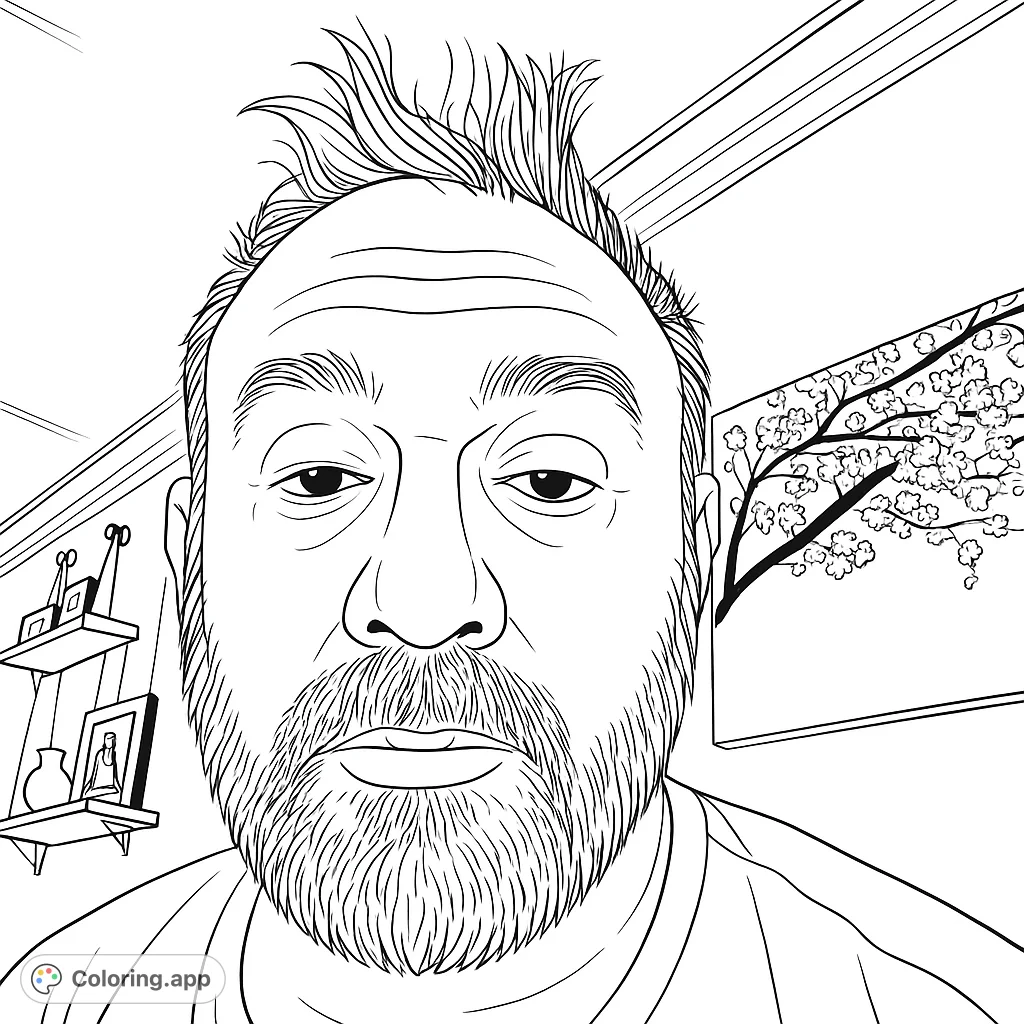 Detailed black and white line drawing of a bearded man's face, close-up, with home decor and a floral artwork in the background. Free printable coloring page.