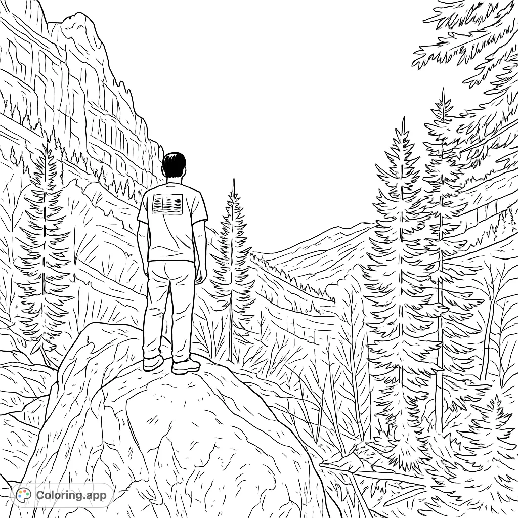 A person stands on a rock, gazing at a vast mountain landscape with towering trees. A free printable nature coloring page for all ages.