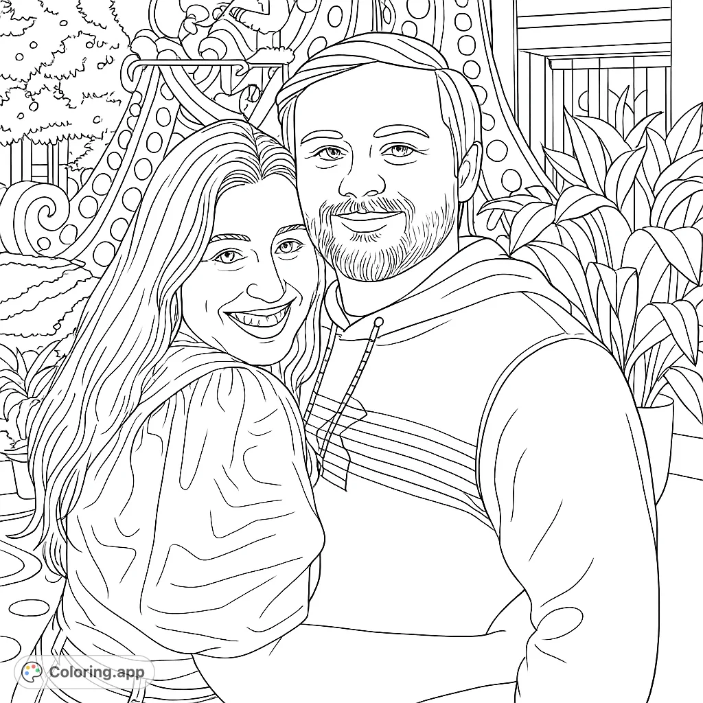 A heartwarming couple's portrait, perfect for personalizing. Features a smiling man and woman embracing in a vibrant setting.