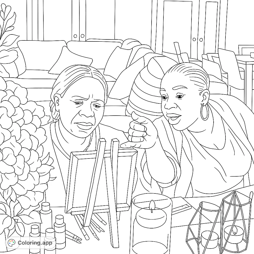 A coloring page of two women painting on easels, surrounded by art supplies and candles. A relaxing and creative scene to color.
