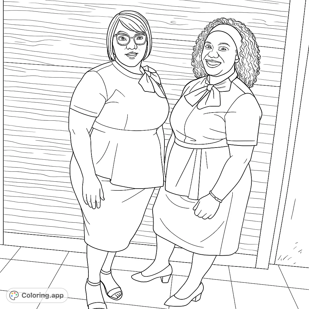 Celebrate friendship with this free printable coloring page featuring two joyful women. Perfect for all ages to express creativity.