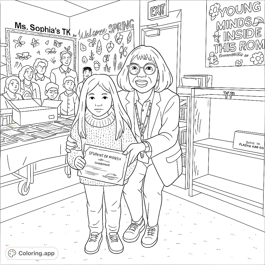 A heartwarming classroom scene featuring a teacher and student celebrating a 'Student of the Month' award, perfect for a free printable coloring page.