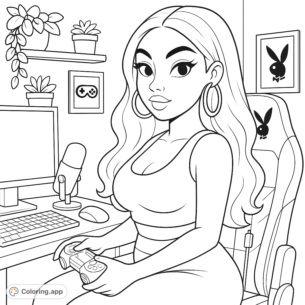 A stylish gamer girl with long, wavy hair, holding a controller at her desk with a monitor, microphone, and potted plants. Perfect for gaming enthusiasts.