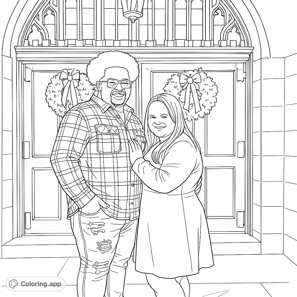 A joyful couple stands before festive doors adorned with wreaths, perfect for a holiday couple coloring page. A free printable coloring page for all ages.