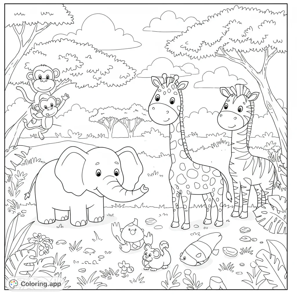 Explore a lively safari scene with an elephant, giraffe, zebra, and playful monkeys. A free printable safari animals coloring page for all ages!