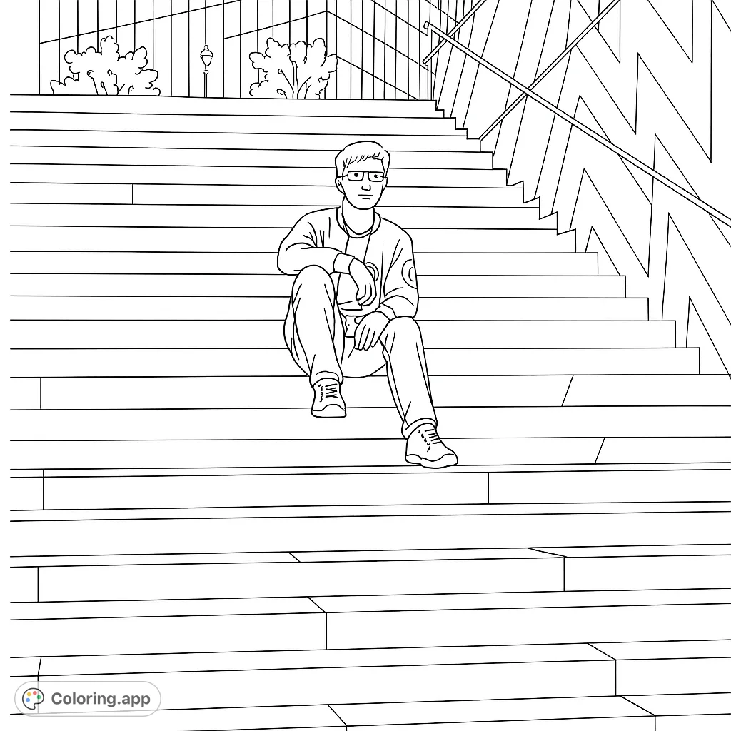 A modern urban scene featuring a person sitting on wide stairs, perfect for a free printable coloring page. Explore city life and architectural lines.