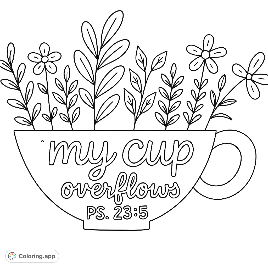 A charming free printable overflowing floral cup coloring page, featuring a variety of plants and flowers spilling from a decorative mug, perfect for all ages.