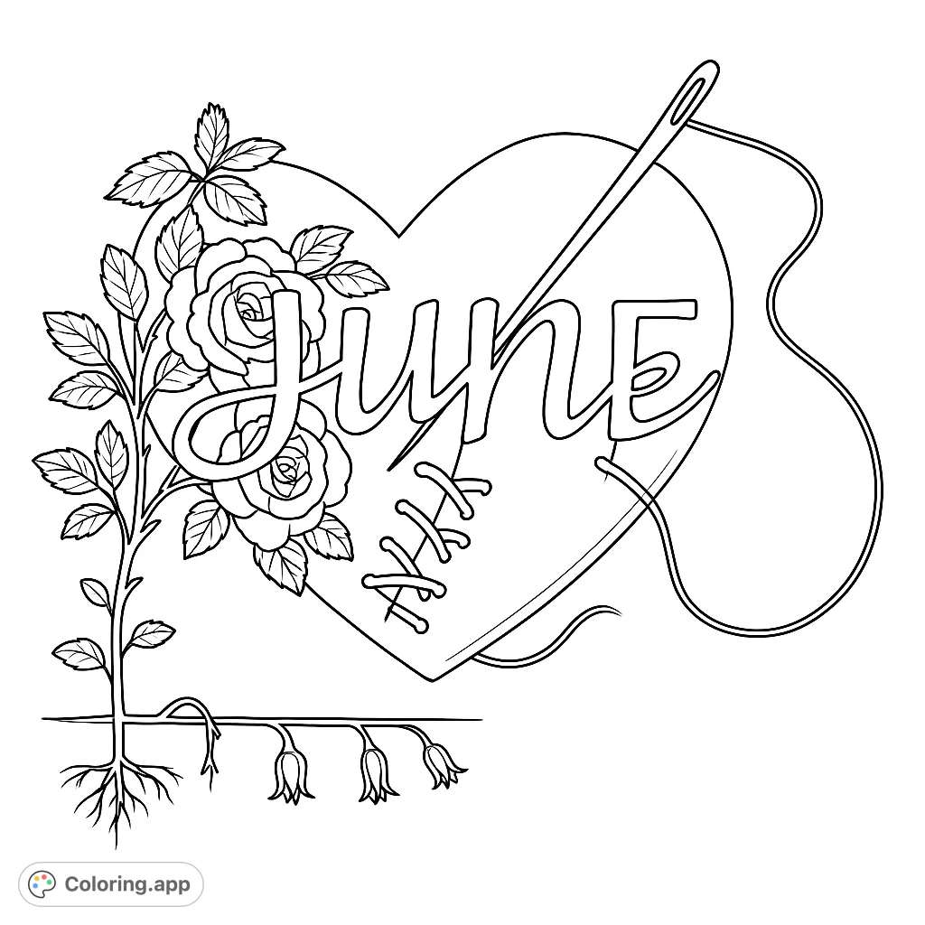 Celebrate June with this charming heart design featuring elegant roses, a sewing needle, and delicate bell flowers. A perfect free printable coloring page for all ages.