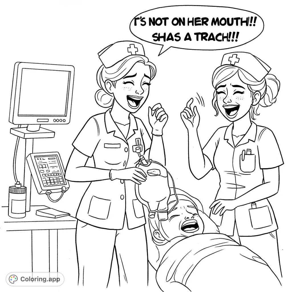 A detailed medical scene featuring two laughing nurses attending to a distressed patient with hospital equipment. A unique free printable coloring page.