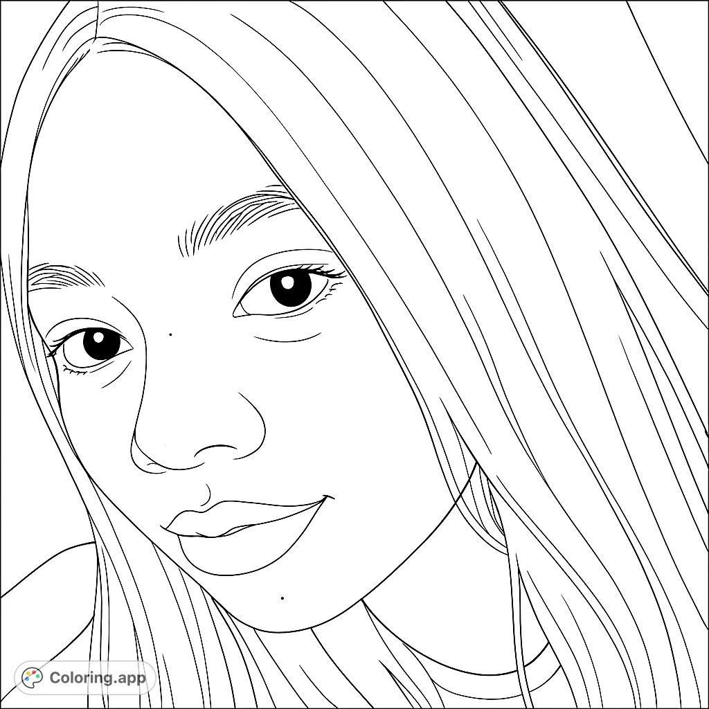 A beautiful portrait of a young woman with long hair and a gentle smile, perfect for a free printable coloring page. A captivating face coloring page.