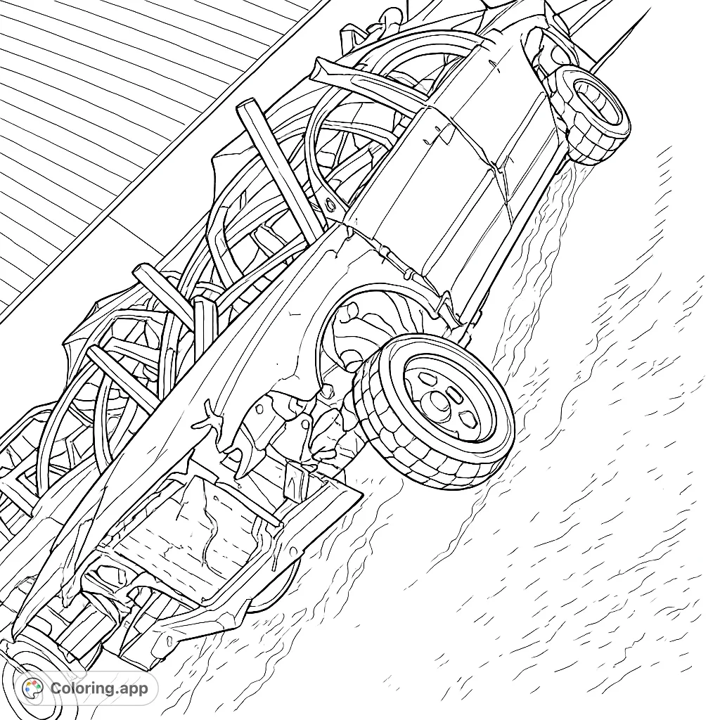 Explore a detailed crashed car wreckage scene. Intricate lines depict twisted metal, broken parts, and an overturned vehicle, offering a challenging coloring experience.