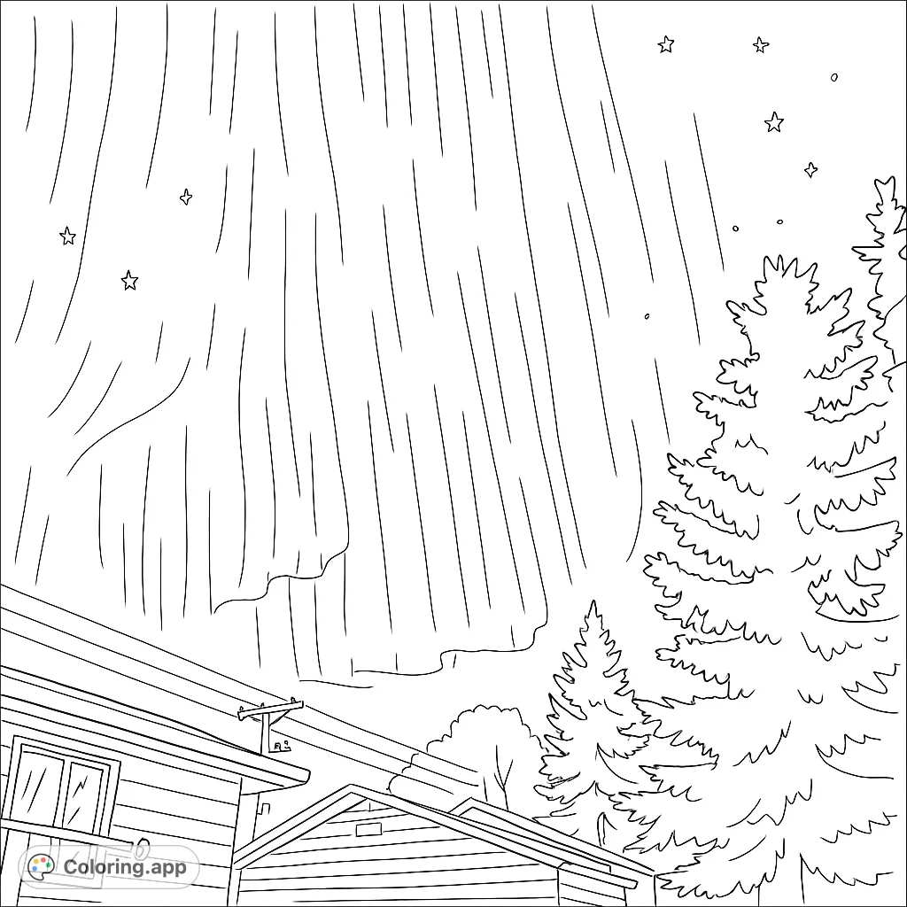 Experience the magic of the aurora borealis over cozy homes and pine trees. A free printable northern lights coloring page for all ages.