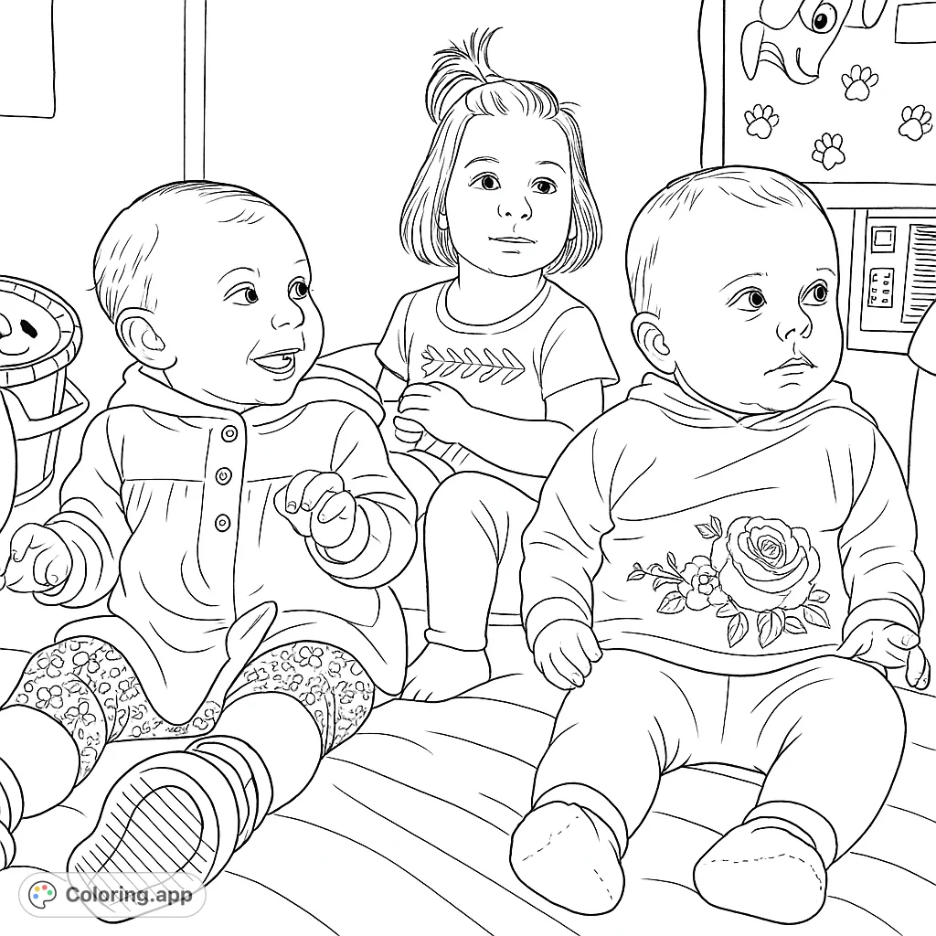 An adorable baby and toddler coloring page featuring three sweet children with cute outfits and playful background elements, ready for your creative touch.