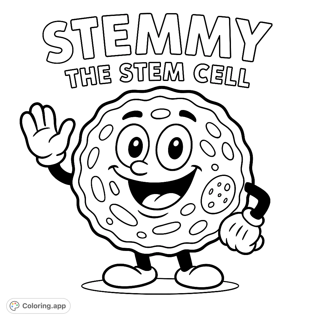 A friendly, cartoon stem cell character with a big smile and waving hand, perfect for a fun and educational science coloring page.
