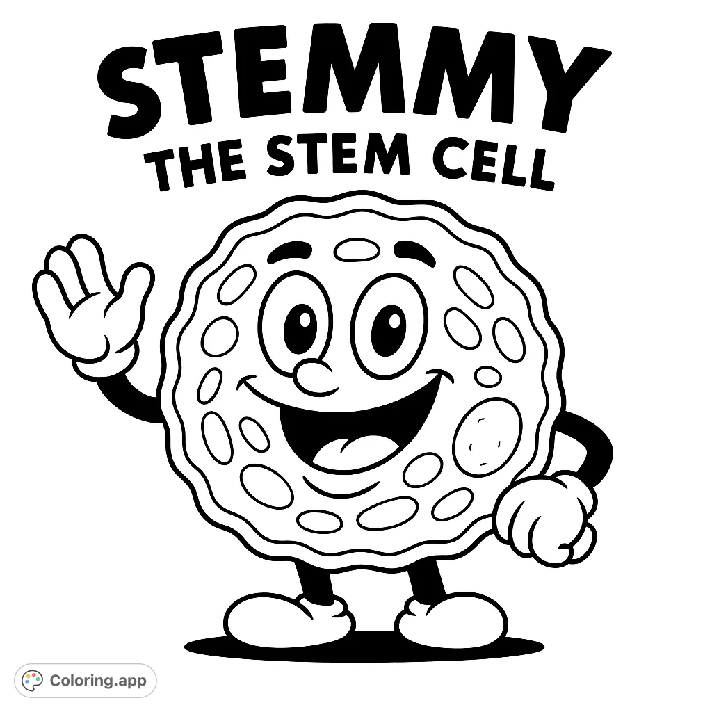 A cheerful cartoon cell character with a wavy outline and internal shapes, waving hello. Perfect for science-themed coloring fun!