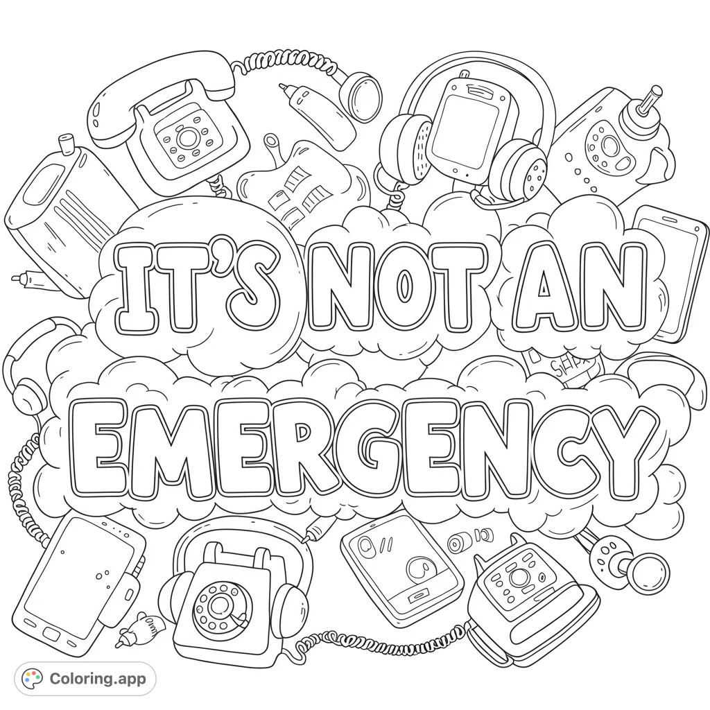 A fun communication device coloring page featuring vintage and modern tech surrounding the phrase 'IT'S NOT AN EMERGENCY' amidst playful clouds.