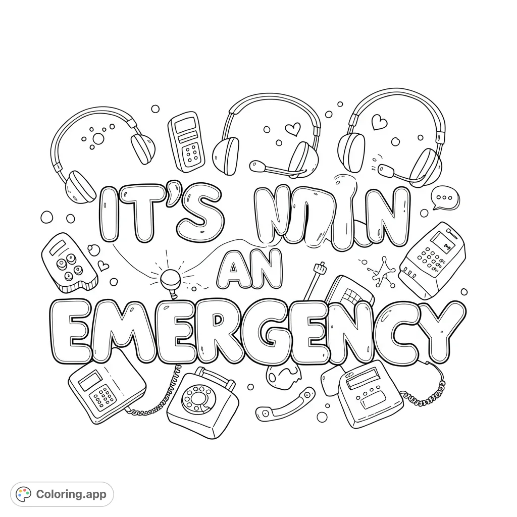 A playful communication theme coloring page featuring bubble letters 'IT'S NOT AN EMERGENCY' surrounded by various phones, headphones, and remotes.