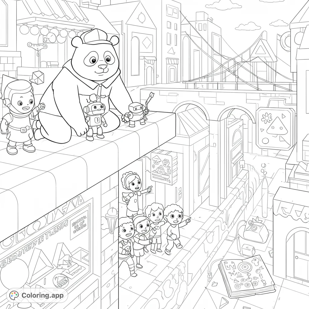 A charming city adventure featuring a friendly panda, small characters, and robots exploring a bustling cityscape filled with geometric shapes and intricate details.