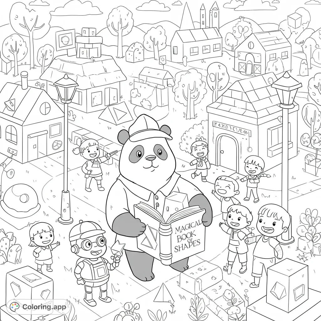 A delightful educational town coloring page featuring a friendly panda reading to happy children amidst houses and playful geometric shapes.