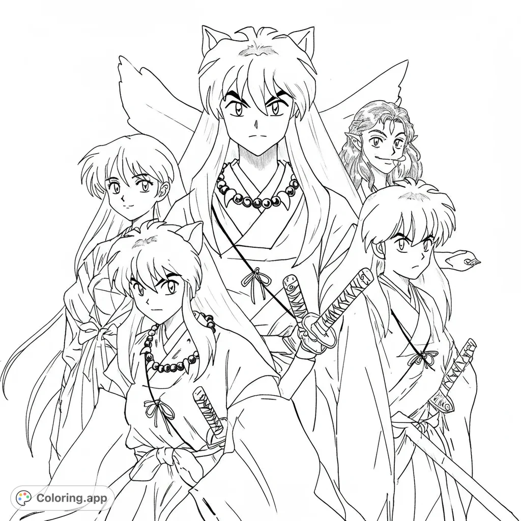 Dynamic anime group portrait featuring iconic fantasy characters with swords and traditional attire, perfect for fans to color and enjoy.