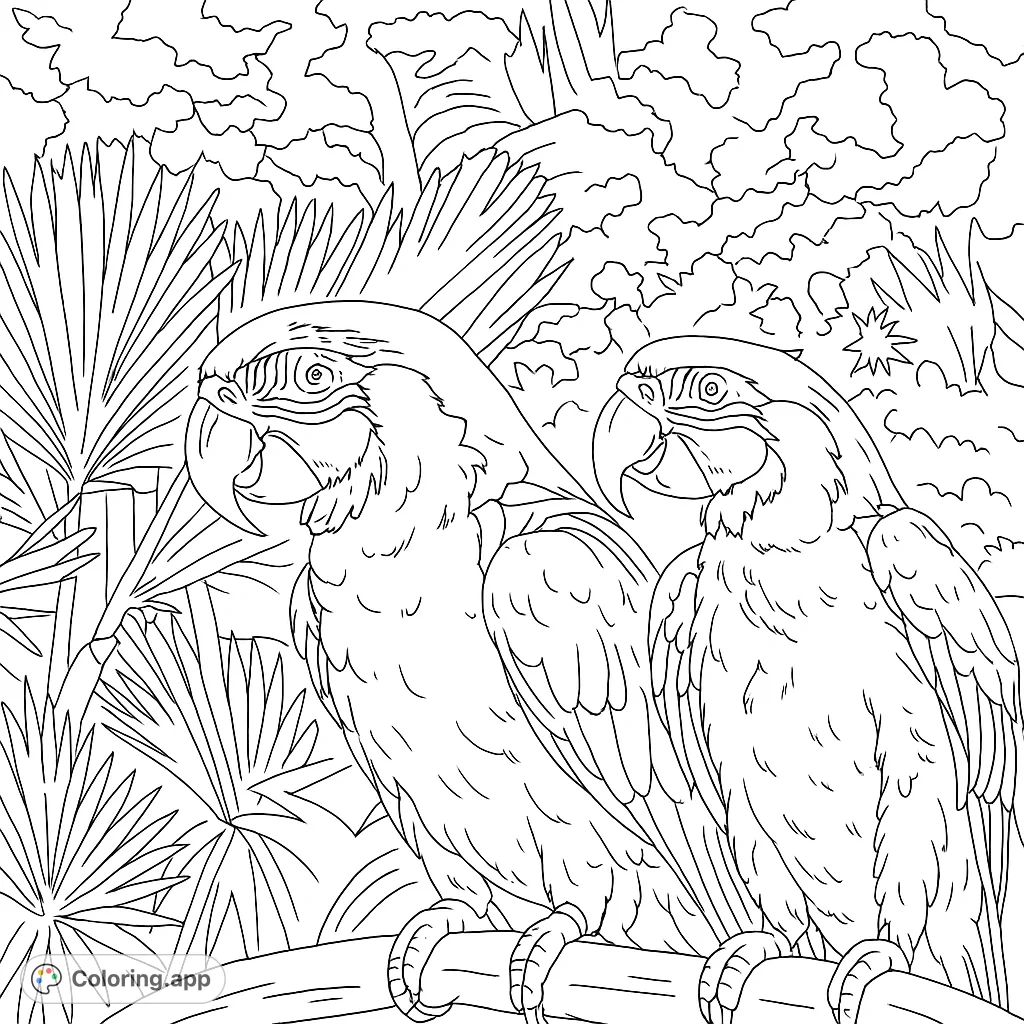 Color a stunning macaw duo with intricate feather details and a lush tropical background. A challenging and rewarding bird coloring page.