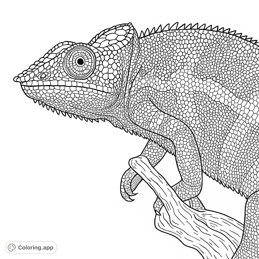 A detailed chameleon coloring page featuring a textured reptile perched on a branch, perfect for nature enthusiasts and animal lovers.
