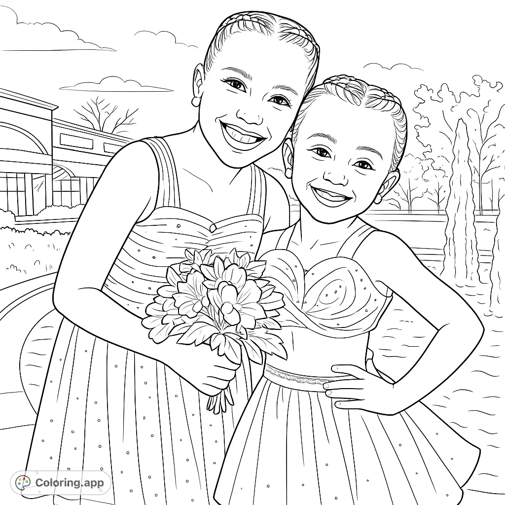 A heartwarming celebration coloring page featuring two smiling girls in elegant dresses, one holding a beautiful flower bouquet. Perfect for kids and adults.