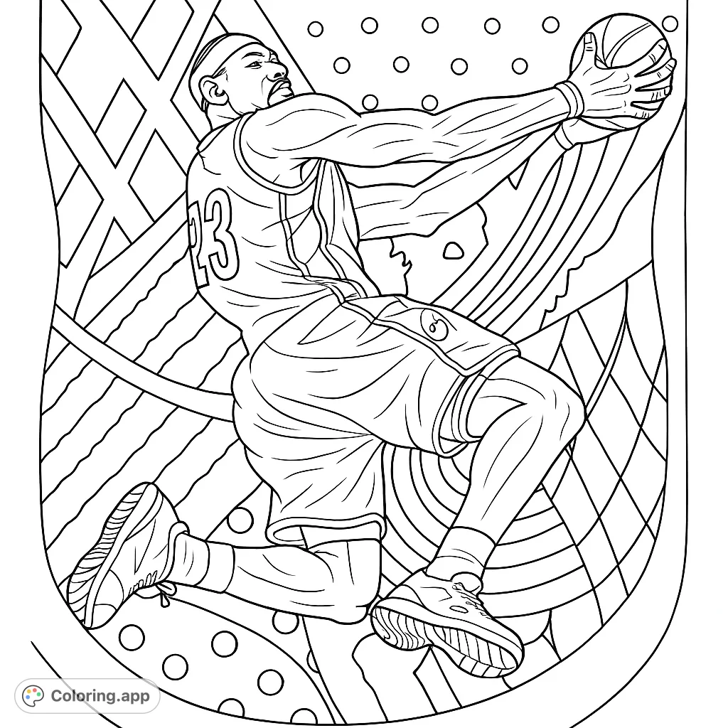 Dynamic basketball player in mid-air, holding a ball against an abstract, geometric background. Perfect for sports fans and aspiring athletes.