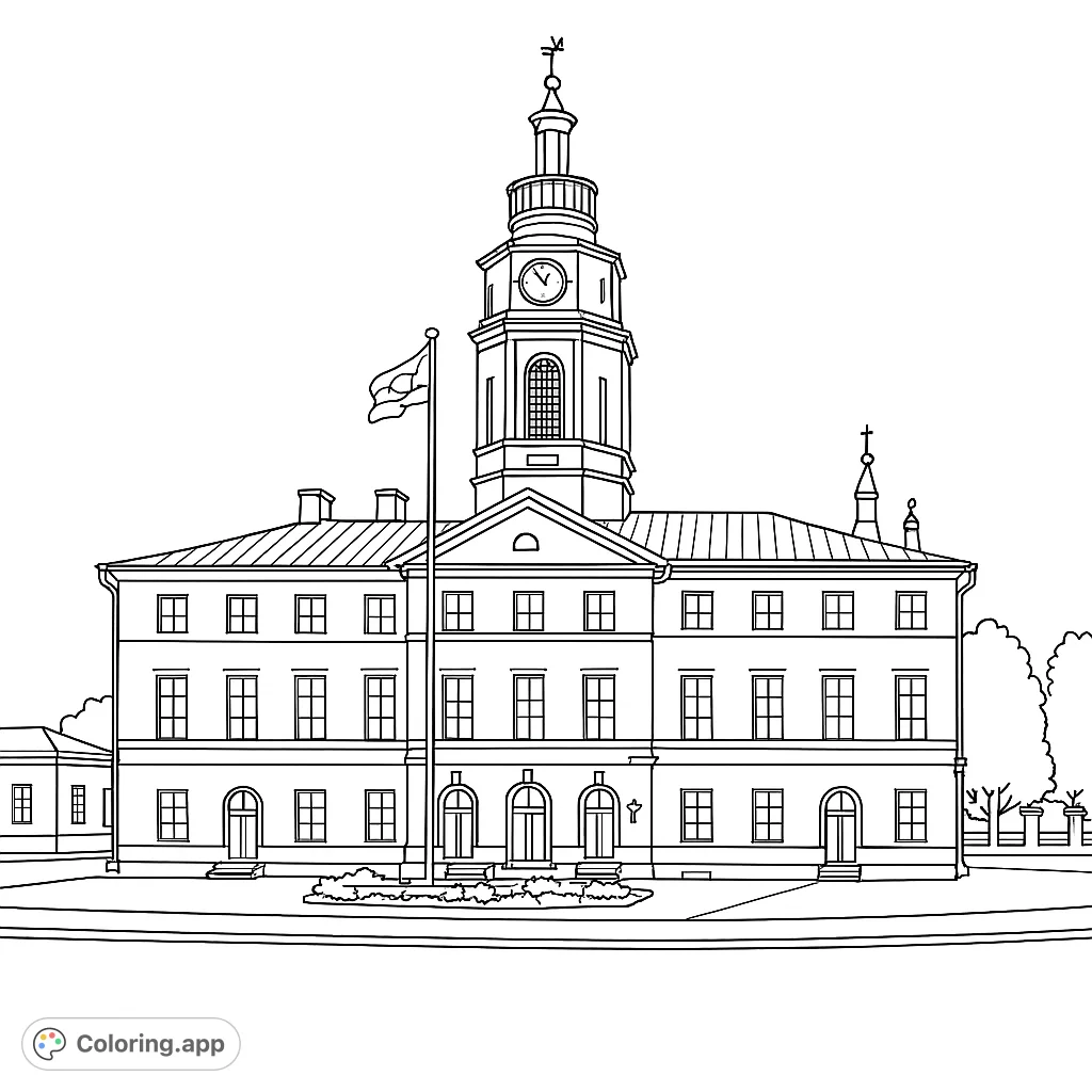Detailed architectural building coloring page featuring a grand classical structure with a prominent clock tower, numerous windows, and a flagpole.