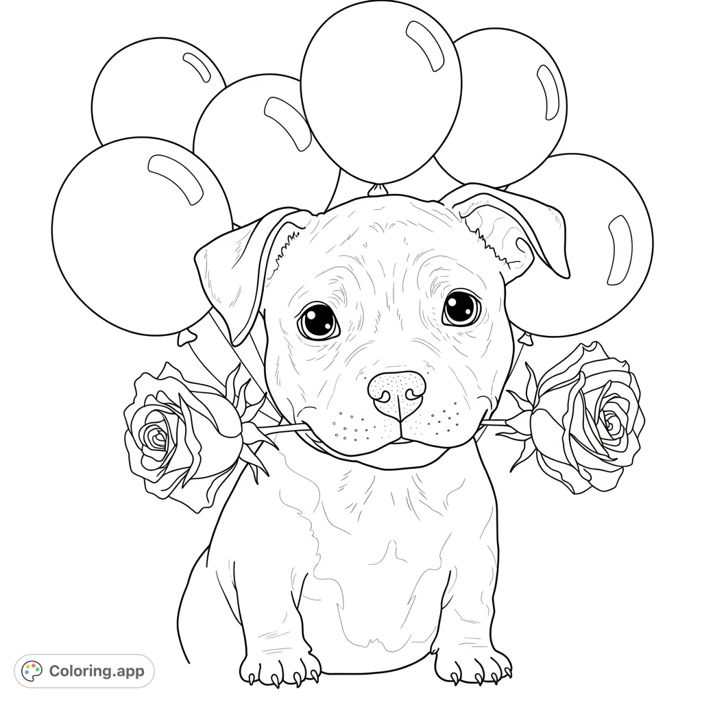 An adorable puppy holds roses in its mouth, surrounded by festive balloons. A charming and free printable coloring page for all ages.