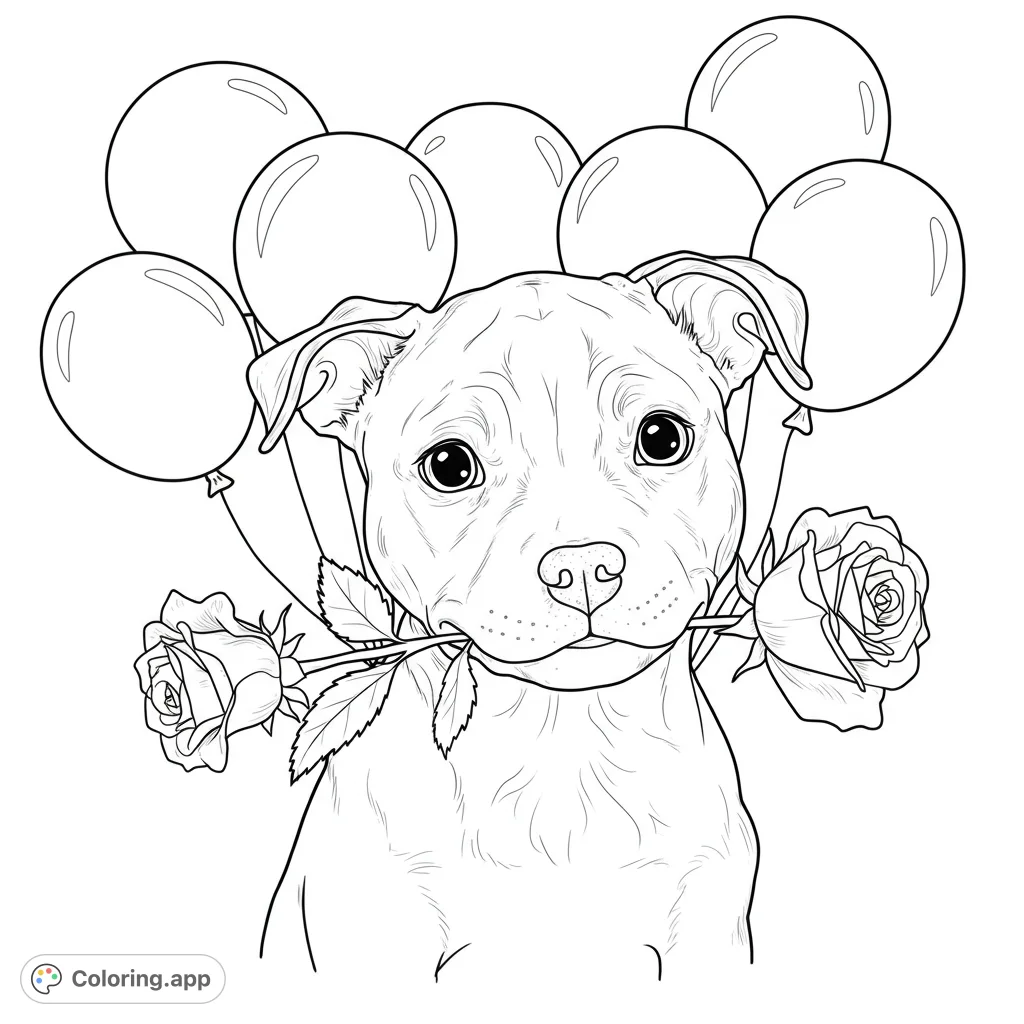 A heartwarming puppy holding roses, surrounded by balloons. This adorable puppy coloring page is a free printable coloring page, perfect for all ages.