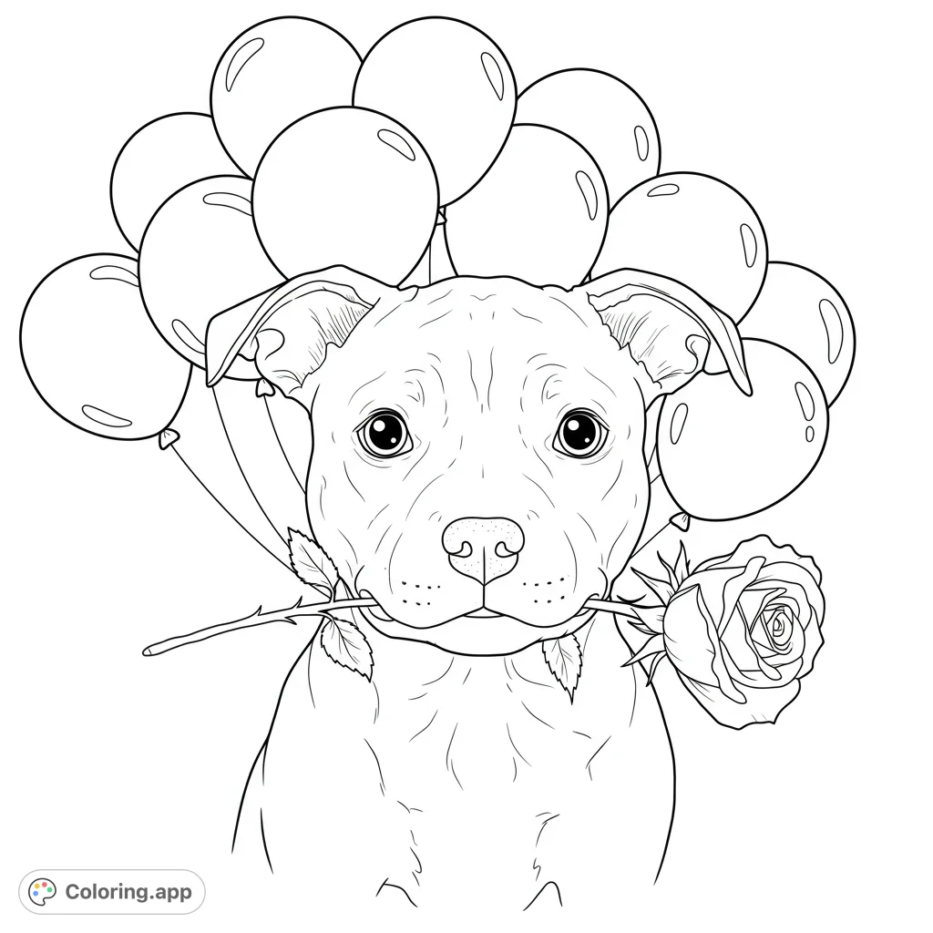 Adorable puppy holding a rose in its mouth, surrounded by a festive cluster of balloons. A charming free printable coloring page for all ages.