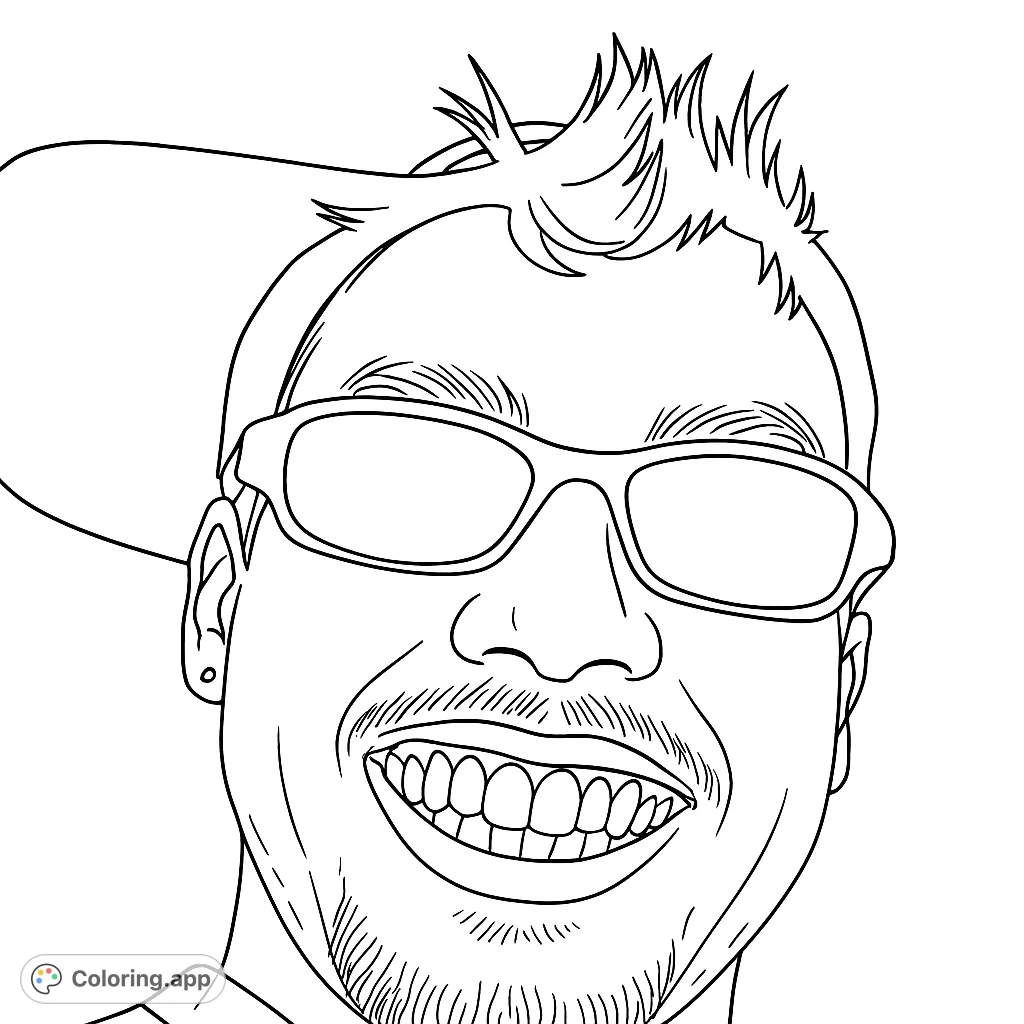 A cheerful person with sunglasses and a cap, smiling broadly. This free printable portrait coloring page offers a fun, modern design for all ages.