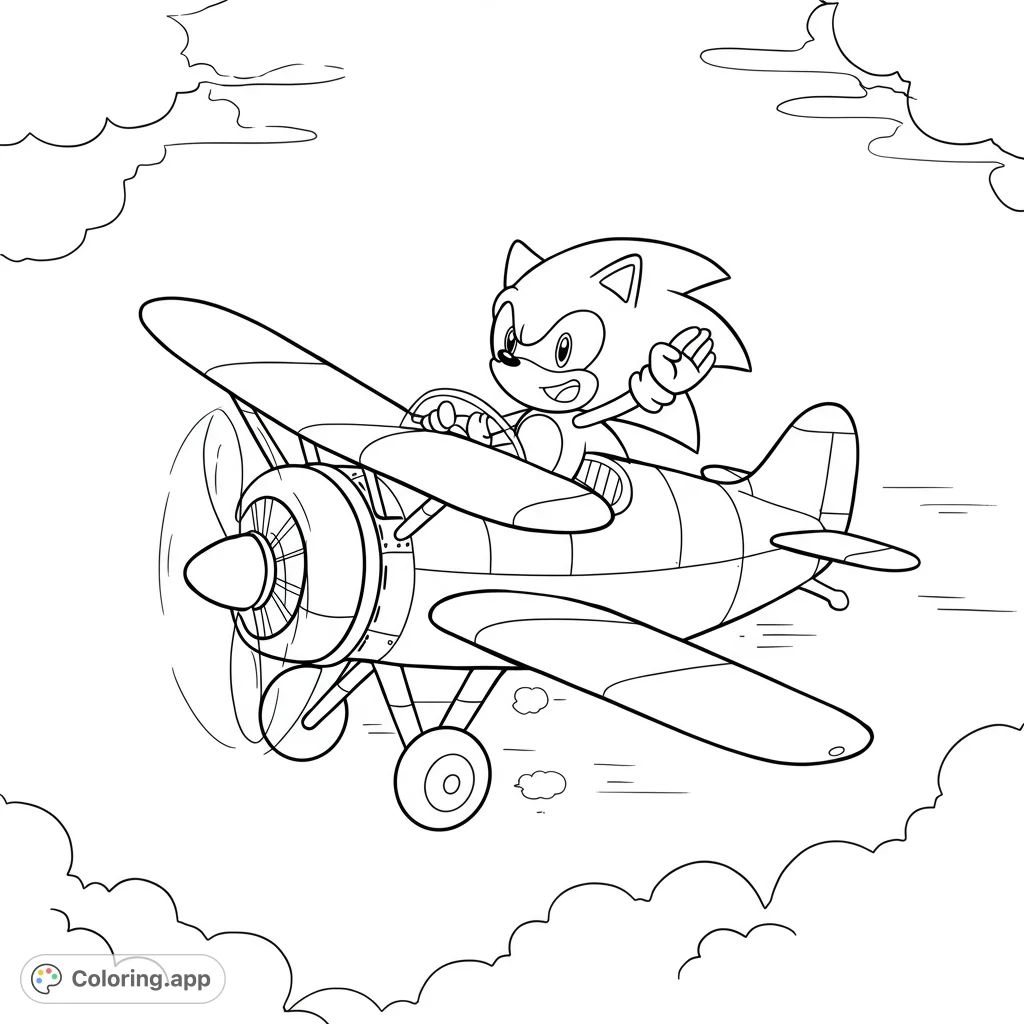Join Sonic the Hedgehog on an exciting aerial adventure in his biplane! A free printable Sonic coloring page for kids and adults.