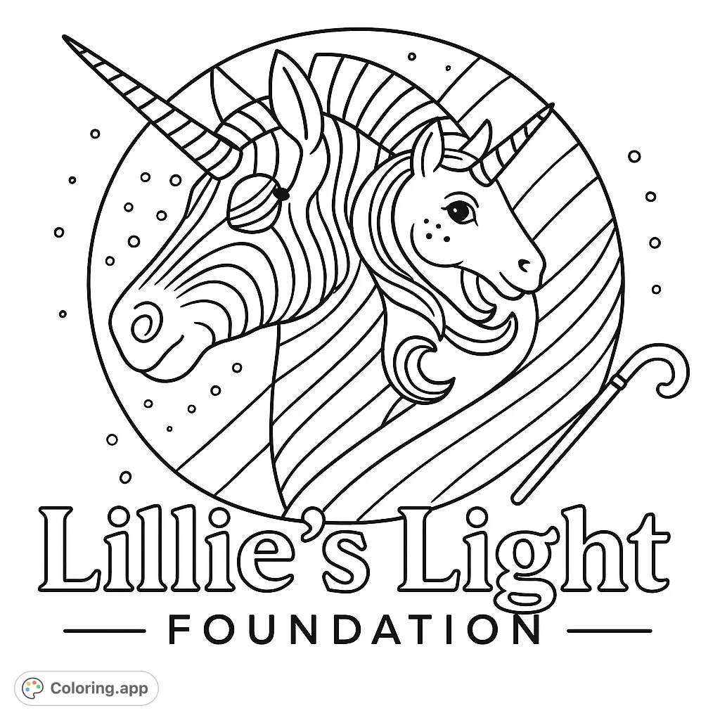A whimsical unicorn coloring page featuring two majestic unicorns within a decorative circular frame, perfect for fantasy lovers and all ages.