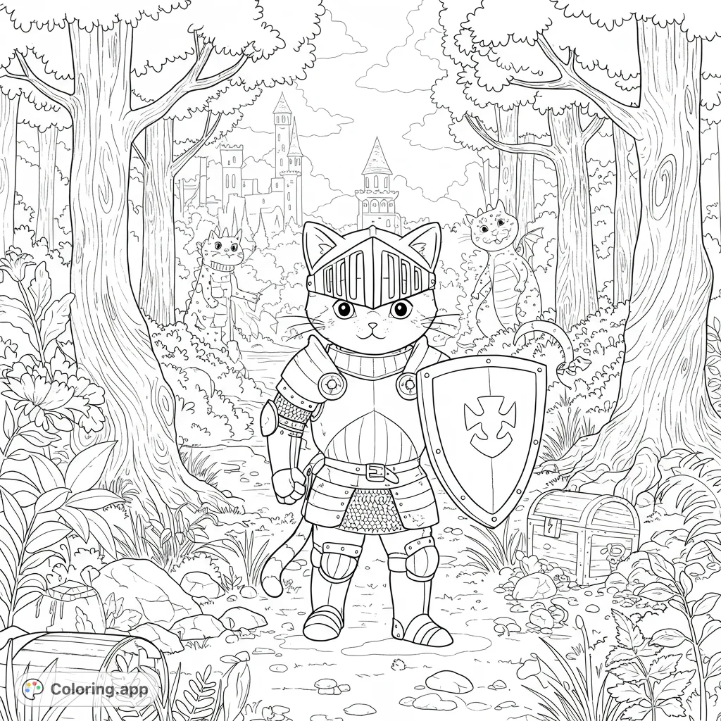 A brave cat knight in full armor with shield stands in an enchanted forest, featuring friendly dragons, a distant castle, and hidden treasure.