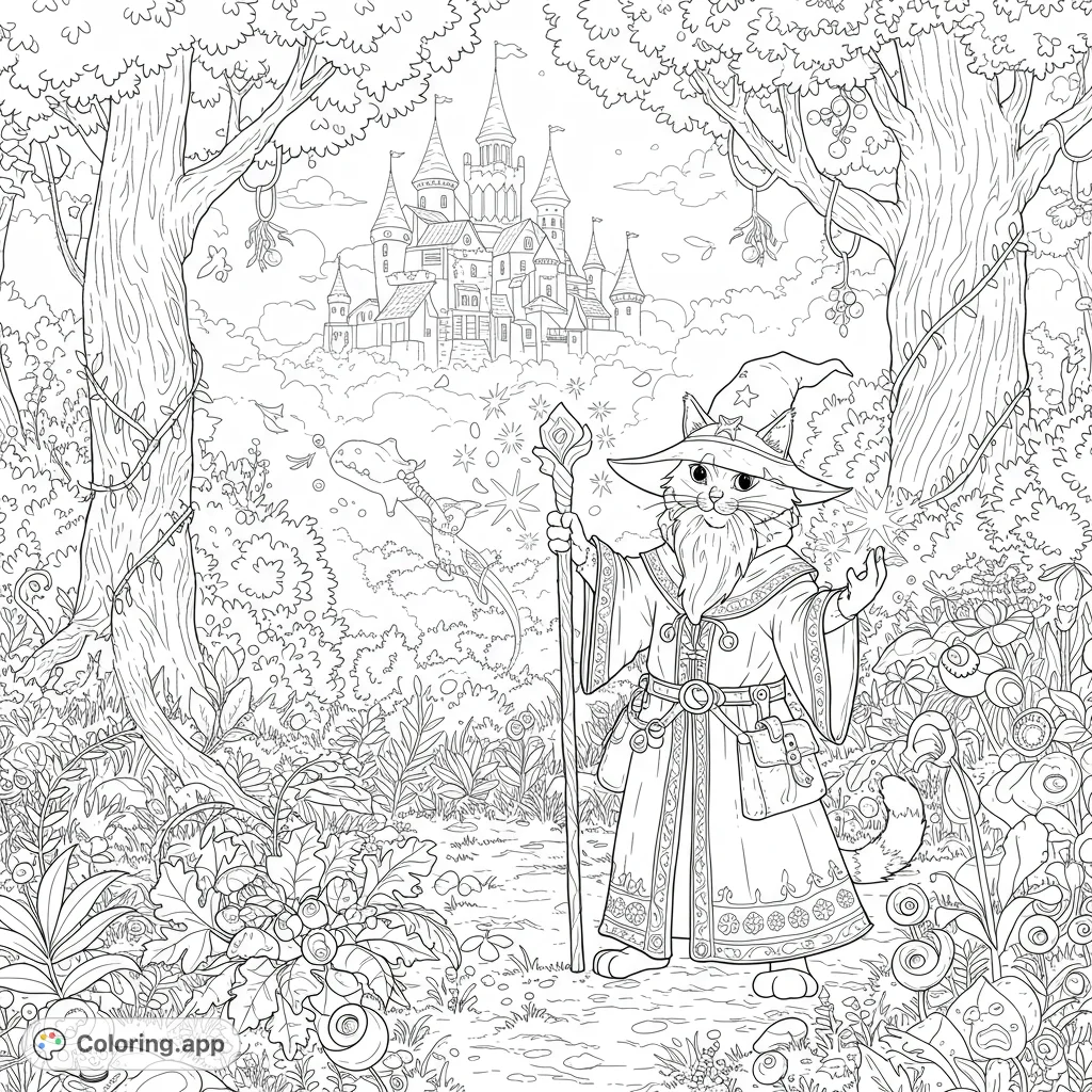 A majestic cat wizard stands in an enchanted forest path, staff in hand, with a grand, multi-turreted castle rising majestically in the magical background.